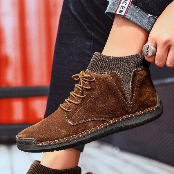 Men Suede Fabric Hand Stitching Warm Plush Lining Ankle Boots - Image 5