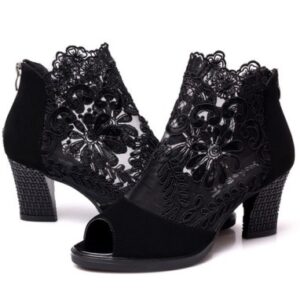 Lace Mesh Insert Chunky Heeled Boots