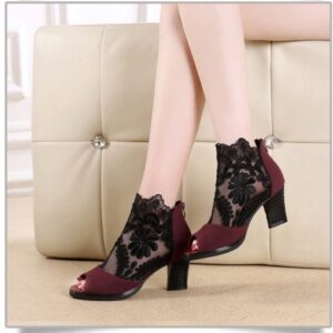 Lace Mesh Insert Chunky Heeled Boots