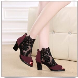 Lace Mesh Insert Chunky Heeled Boots