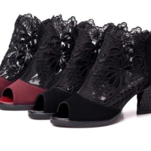 Lace Mesh Insert Chunky Heeled Boots