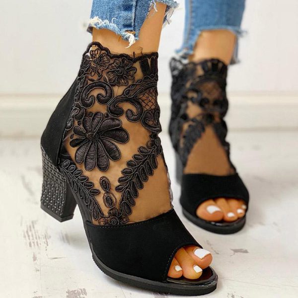 Lace Mesh Insert Chunky Heeled Boots