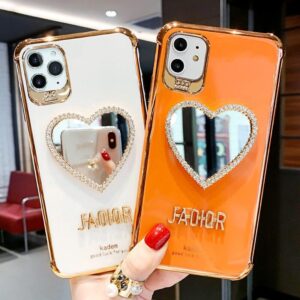 2021 Newest Luxurious Airbag Protection iPhone Case With Bling Heart shaped Mirror Hairball