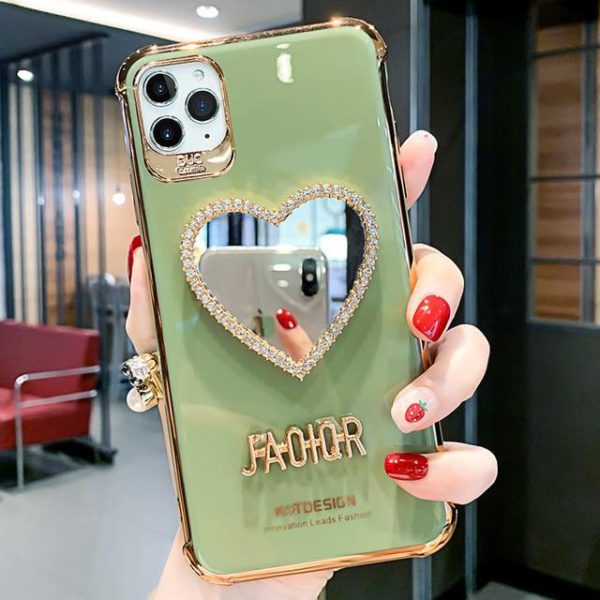 2021 Newest Luxurious Airbag Protection iPhone Case With Bling Heart shaped Mirror Hairball