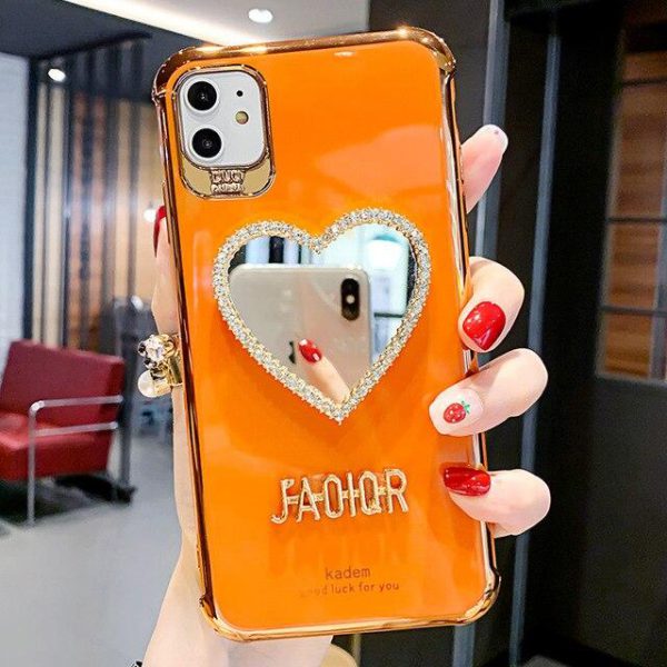 2021 Newest Luxurious Airbag Protection iPhone Case With Bling Heart shaped Mirror Hairball