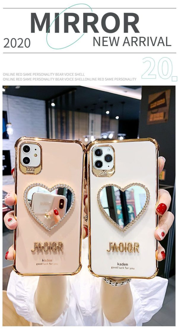 2021 Newest Luxurious Airbag Protection iPhone Case With Bling Heart shaped Mirror Hairball