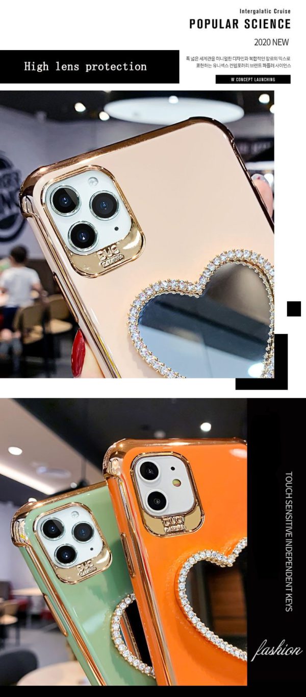 2021 Newest Luxurious Airbag Protection iPhone Case With Bling Heart shaped Mirror Hairball