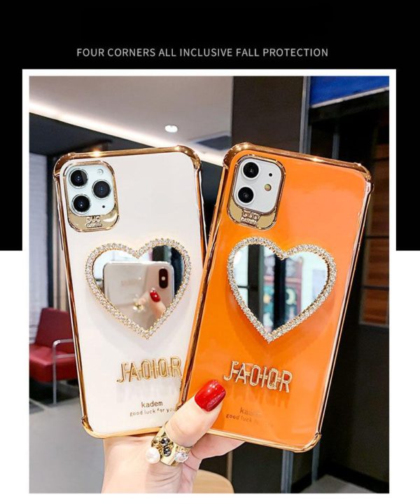 2021 Newest Luxurious Airbag Protection iPhone Case With Bling Heart shaped Mirror Hairball