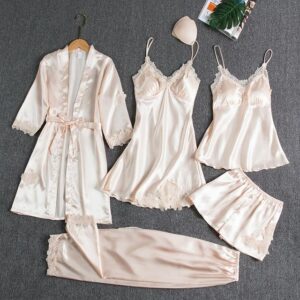 Blushy Silk 5 Piece Pajama Set