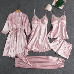 Blushy Silk 5 Piece Pajama Set