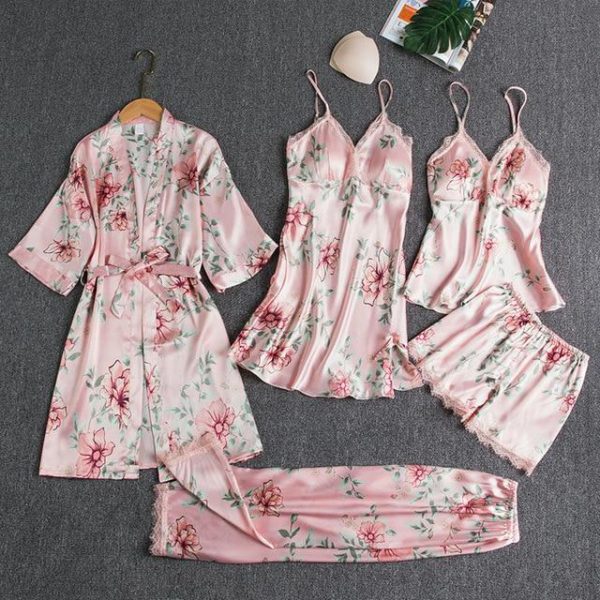 Blushy Silk 5 Piece Pajama Set