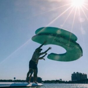 This Giant Curved Inflatable Dock Holds Up To 6 Adults and a Cooler