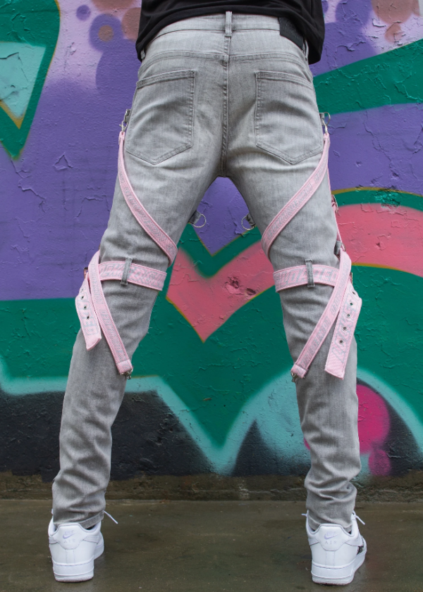 Locked & Loaded Jeans - Straps And Stones - Grey And Pink - LL102