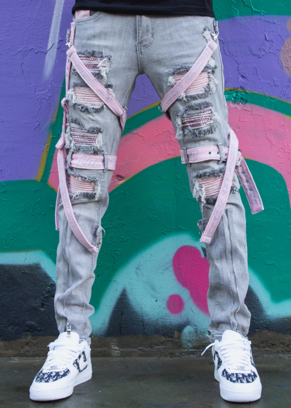 Locked & Loaded Jeans - Straps And Stones - Grey And Pink - LL102