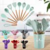 12pcs Wooden Handle Silicone Kitchenware Set Cooking Shovel Spoon Bucket Rack Tools