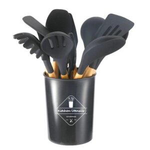 12pcs Wooden Handle Silicone Kitchenware Set Cooking Shovel Spoon Bucket Rack Tools