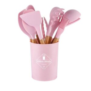 12pcs Wooden Handle Silicone Kitchenware Set Cooking Shovel Spoon Bucket Rack Tools