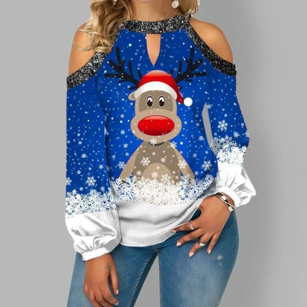 2021 New Fashion Christmas Elk Print Sequin Off Shoulder Top Long Sleeve T-Shirt