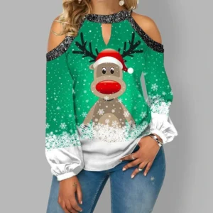 2021 New Fashion Christmas Elk Print Sequin Off Shoulder Top Long Sleeve T-Shirt