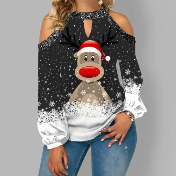 2021 New Fashion Christmas Elk Print Sequin Off Shoulder Top Long Sleeve T-Shirt