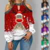 2021 New Fashion Christmas Elk Print Sequin Off Shoulder Top Long Sleeve T-Shirt