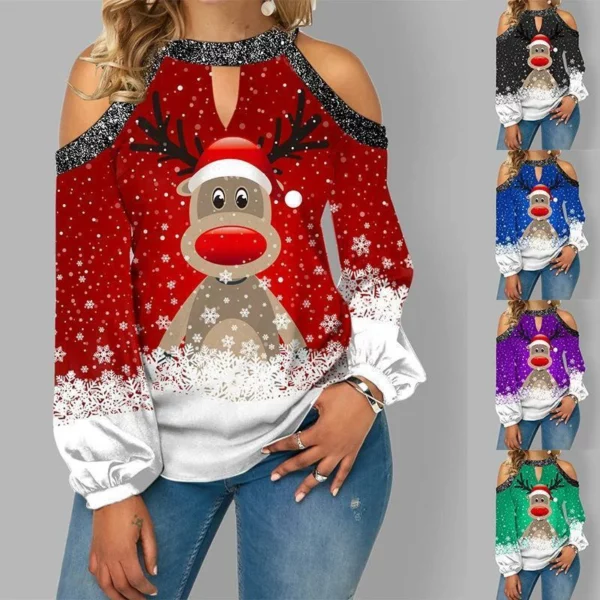 2021 New Fashion Christmas Elk Print Sequin Off Shoulder Top Long Sleeve T-Shirt