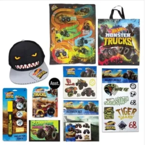 HOT WHEELS MONSTER TRUCK SHOWBAG 20 W/ ACTIVITY SET/CAP/HELMET DECALS/WALLET