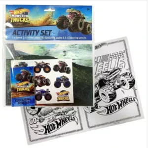 HOT WHEELS MONSTER TRUCK SHOWBAG 20 W/ ACTIVITY SET/CAP/HELMET DECALS/WALLET