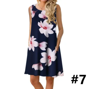 Ladies casual sleeveless U-neck printed dress