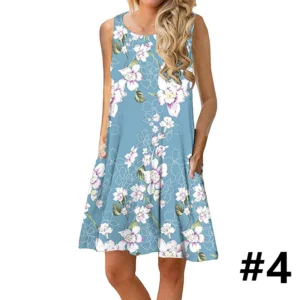 Ladies casual sleeveless U-neck printed dress