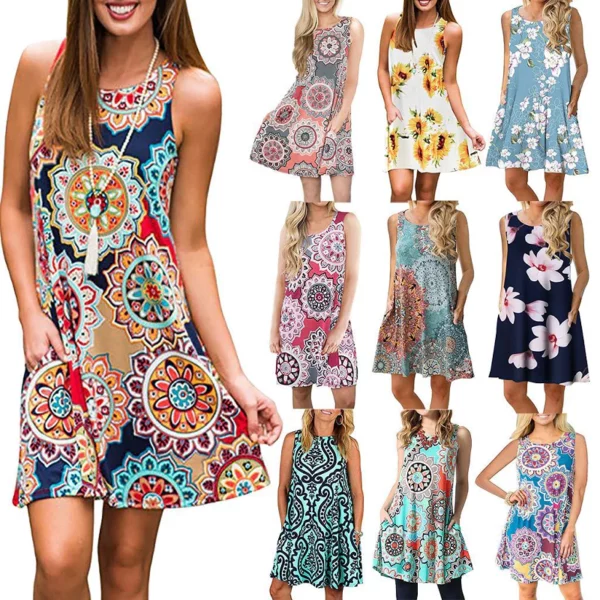 Ladies casual sleeveless U-neck printed dress