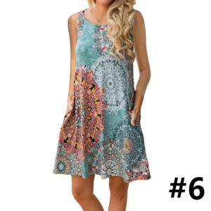 Ladies casual sleeveless U-neck printed dress