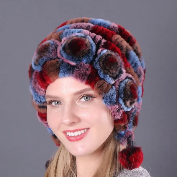 Lady Warm Flowers Striped Real Rex Rabbit Fur Hats