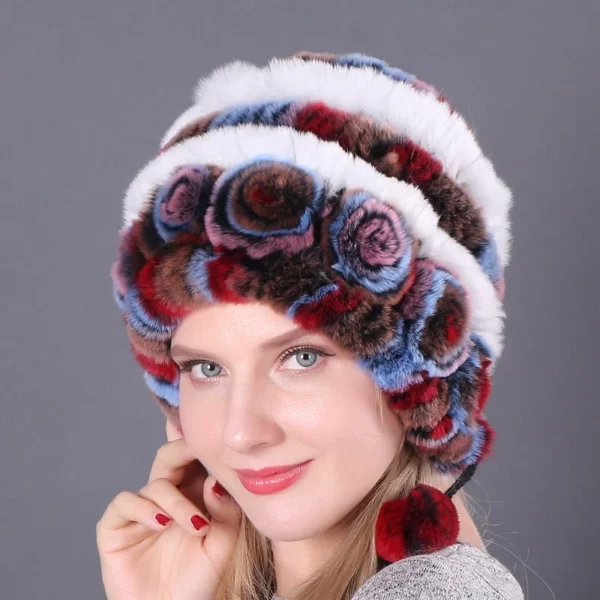 Lady Warm Flowers Striped Real Rex Rabbit Fur Hats - Image 6