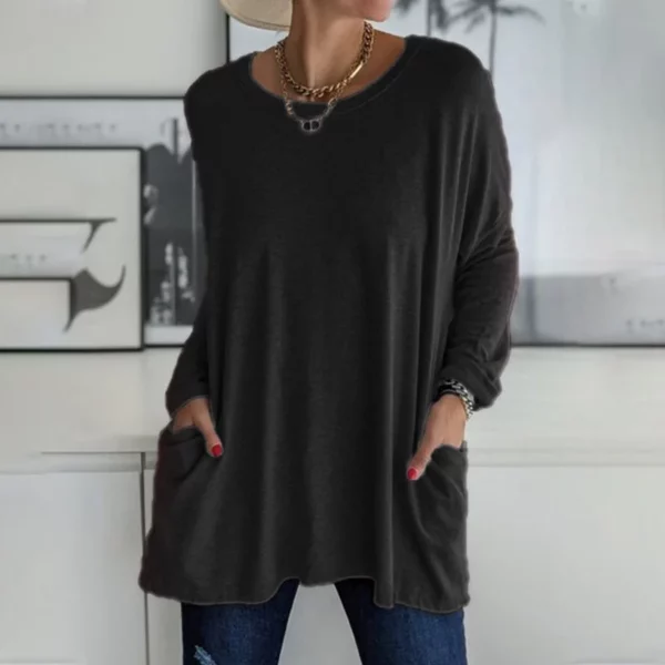 Round Neck Long Sleeve Loose Pocket Solid T-Shirt