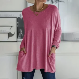 Round Neck Long Sleeve Loose Pocket Solid T-Shirt