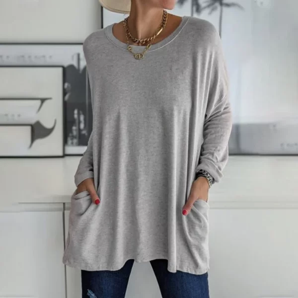 Round Neck Long Sleeve Loose Pocket Solid T-Shirt