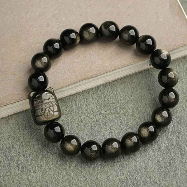 Absorbing Negative Energy Gold Silver Sheen Obsidian Cute Cat Protection Bracelet - Image 8