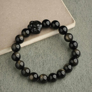 Absorbing Negative Energy Gold Silver Sheen Obsidian Cute Cat Protection Bracelet