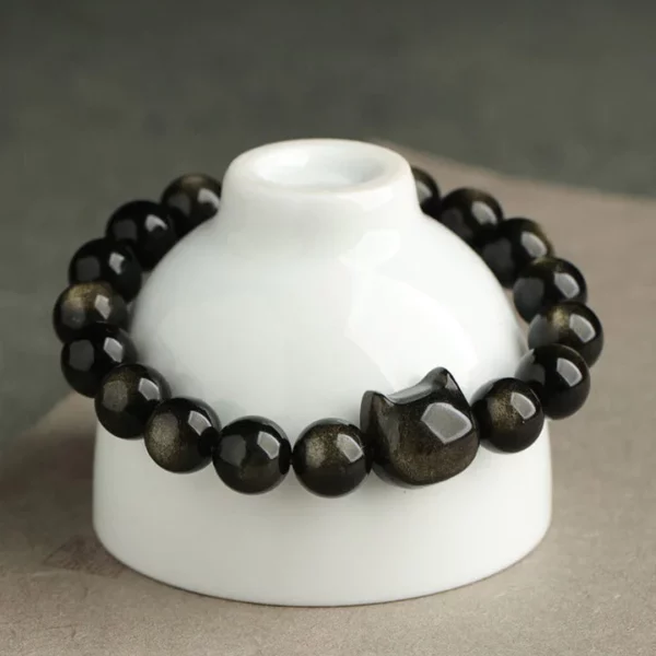 Absorbing Negative Energy Gold Silver Sheen Obsidian Cute Cat Protection Bracelet