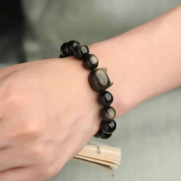 Absorbing Negative Energy Gold Silver Sheen Obsidian Cute Cat Protection Bracelet