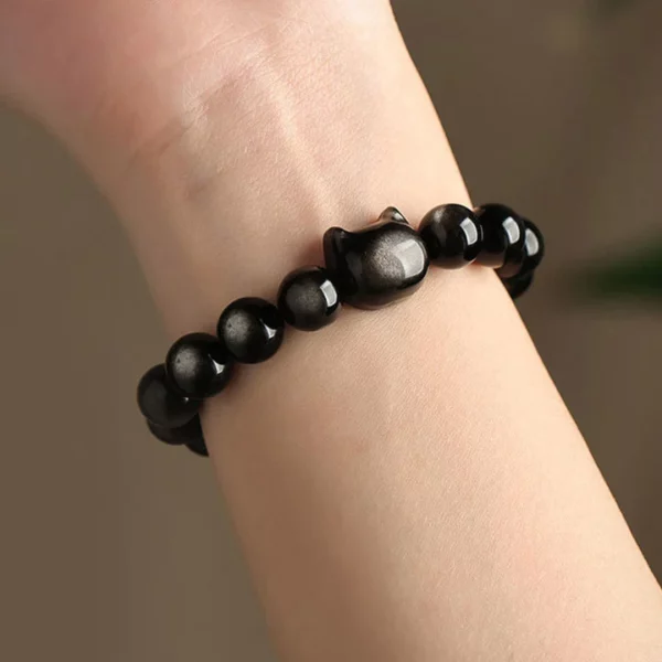 Absorbing Negative Energy Gold Silver Sheen Obsidian Cute Cat Protection Bracelet