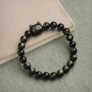 Absorbing Negative Energy Gold Silver Sheen Obsidian Cute Cat Protection Bracelet