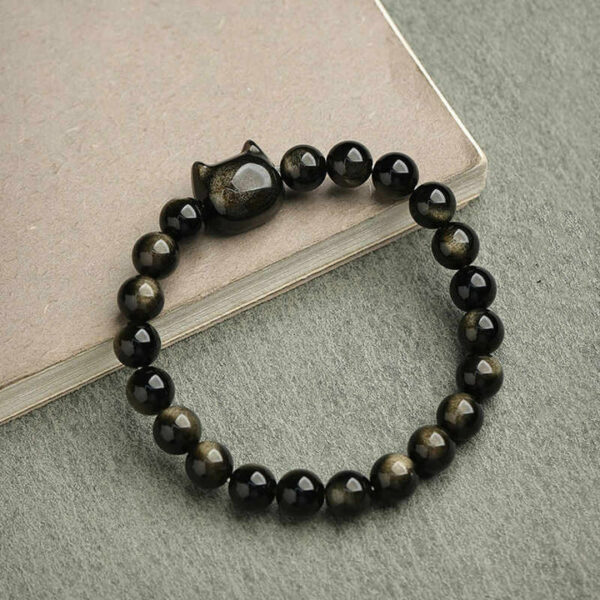 Absorbing Negative Energy Gold Silver Sheen Obsidian Cute Cat Protection Bracelet