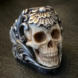 Vintage Polish Floral Armor Antler Skull Ring