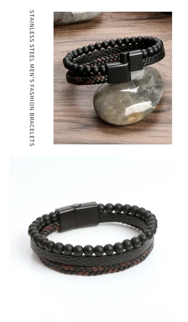 Natural Stone Obsidian Magnetic Buckle Men's Leather Bracelet - Image 5